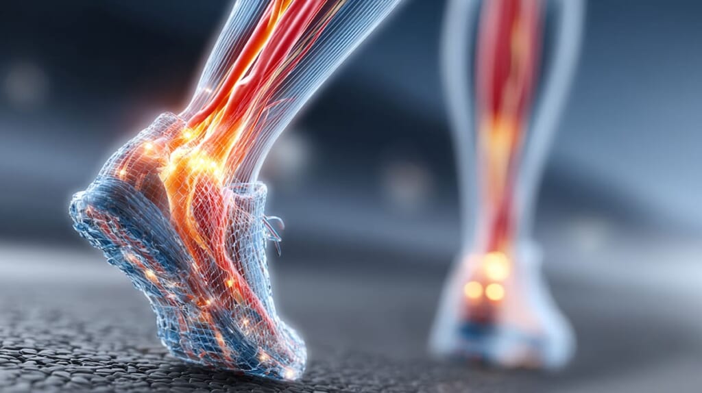 ランニング後の炎症によるむくみをイメージした脚のビジュアル

■ 説明: 「脂肪ではなく水分（炎症性浮腫）」という核心を直感的に理解させるための図解イメージ。初心者の体が修復モードに入る説明の補強に使う。