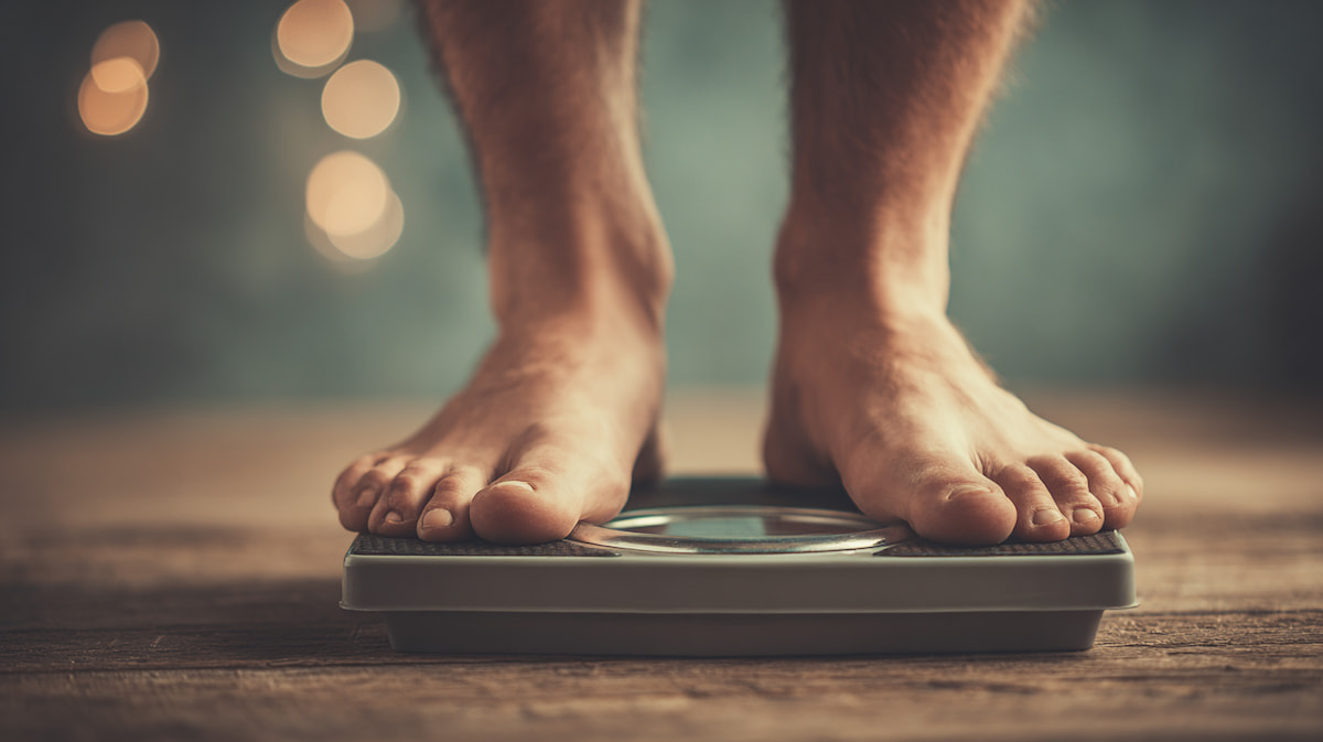 ランニングを始めた女性が体重計の数値に不安を感じながらも前向きに向き合う朝のシーン