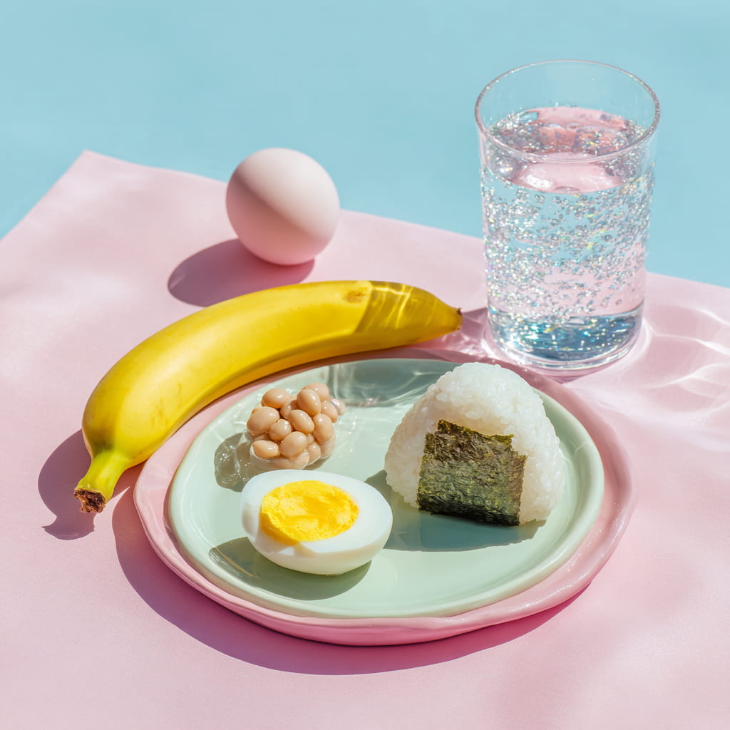 ランニング後の回復を助ける糖質とタンパク質、カリウム食材の朝食イメージ