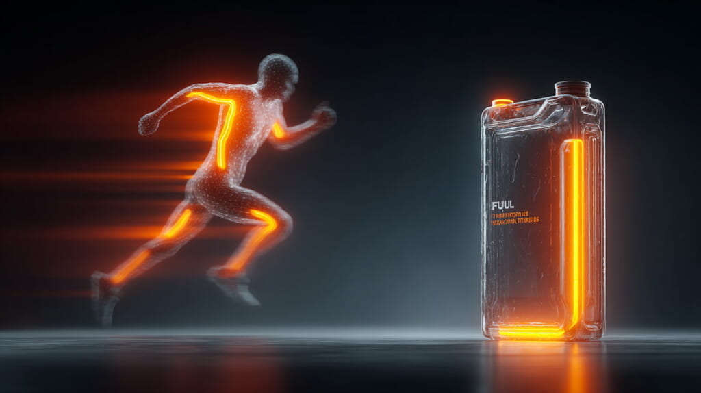 筋肉に貯蔵されるグリコーゲンと結合する水分をイメージしたビジュアル

■ 説明: 「グリコーゲンは水分とセットで増える」という誤解されやすいポイントを、分子・細胞レベルのイメージで補助し、体重増加が正常である根拠を強化する。