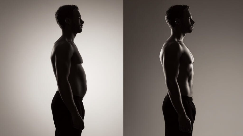 体重は同じでも体脂肪率の違いで見た目が変わることを示すイメージ