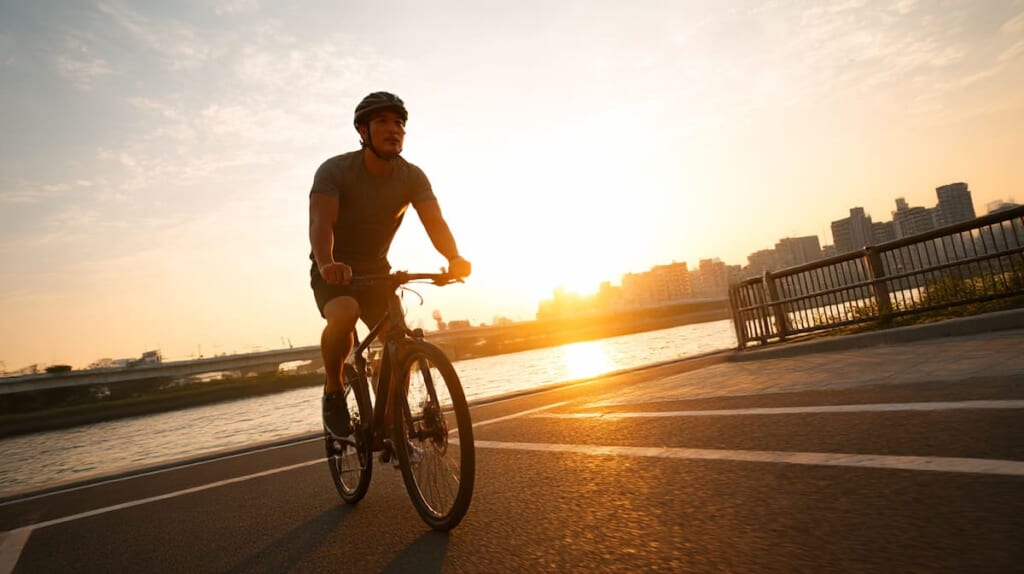 40代の日本人男性がクロスバイクで走り、膝に優しいクロストレーニングを行っている様子