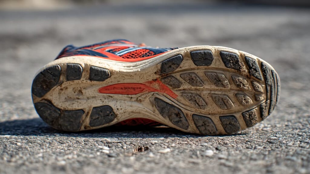 アスファルト使用によって摩耗したトレイルランニングシューズのソールの状態