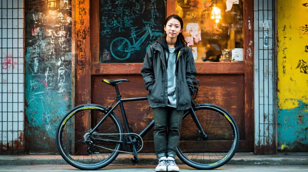 ランニングの休足日に自転車でクロストレーニングを行う日本人女性のイメージ