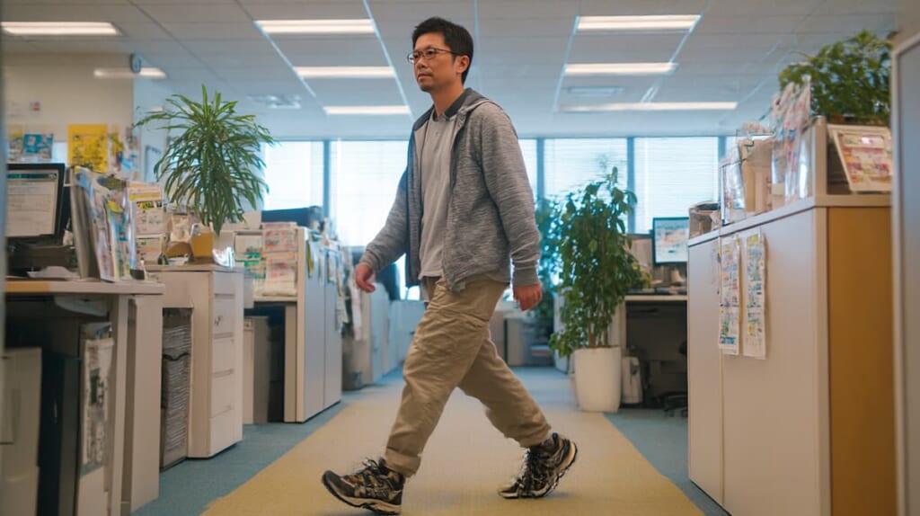 室内環境で防水トレイルシューズを履き続けた際の蒸れをイメージした日常シーン