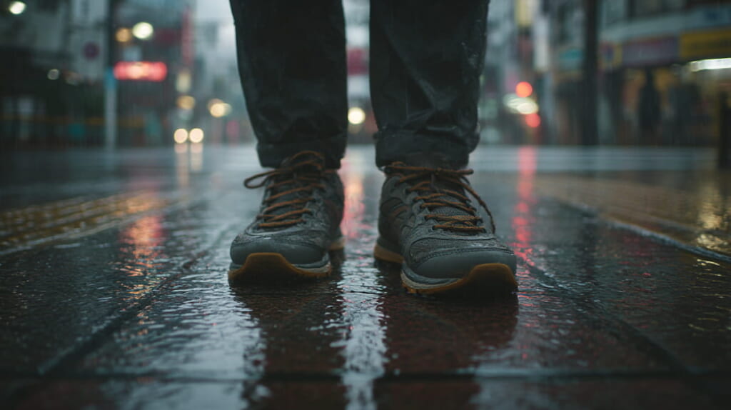 雨に濡れた都市部のタイルや階段でトレイルシューズが滑りやすい状況を示すイメージ