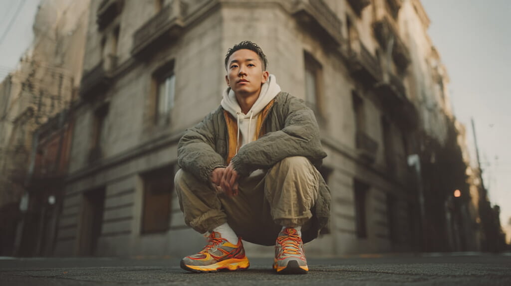 トレイルランニングシューズを普段履きとして都会的に履きこなす日本人男性のライフスタイルイメージ