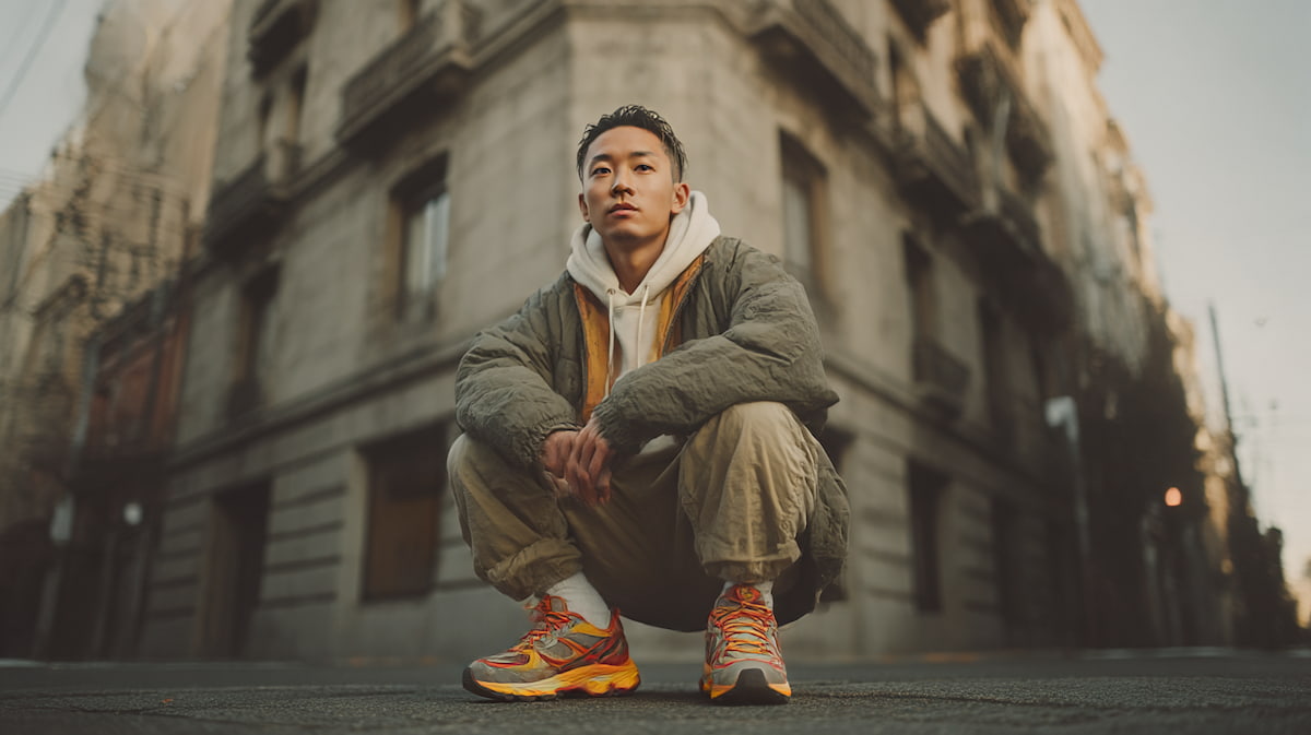 トレイルランニングシューズを普段履きとして都会的に履きこなす日本人男性のライフスタイルイメージ