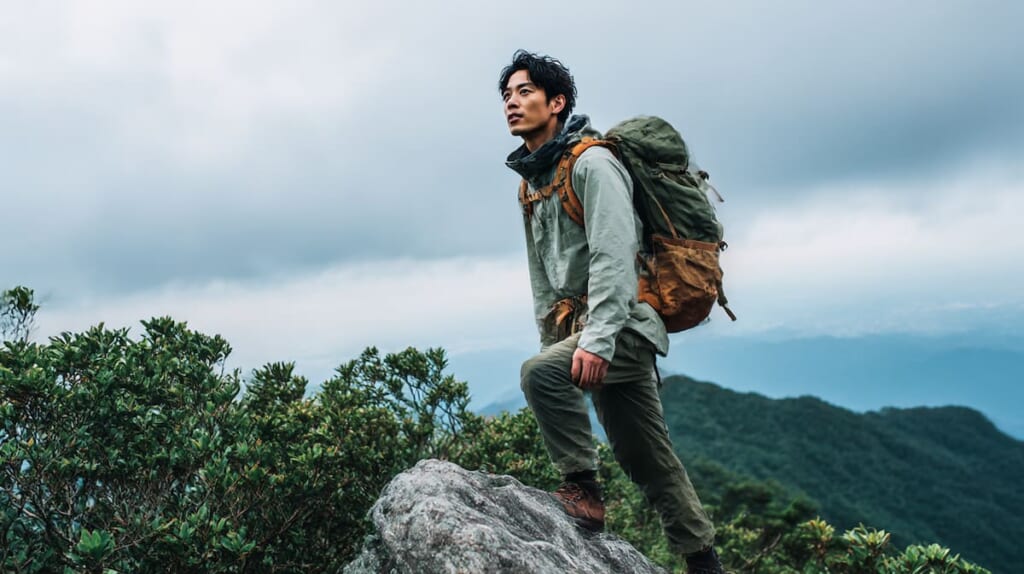 脂肪燃焼を意識しながら登山を楽しむ日本人男性