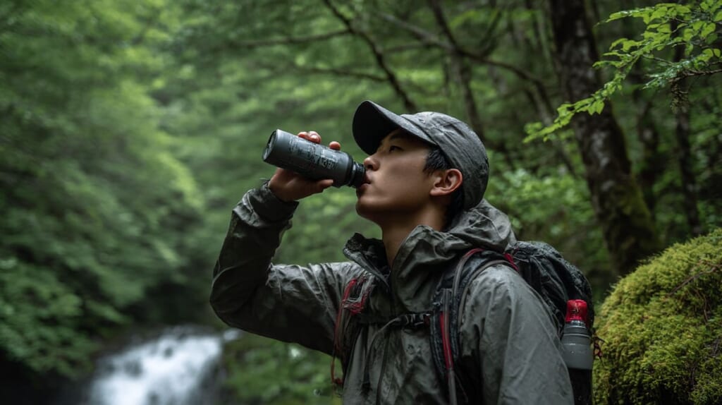 水分補給の重要性を直感的に伝えるためのビジュアル。消費カロリーだけでなく体調管理が重要であるという文脈を補強する。