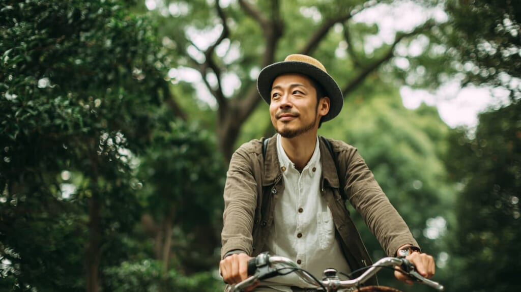 登山後のリカバリーとして自転車に乗る日本人男性