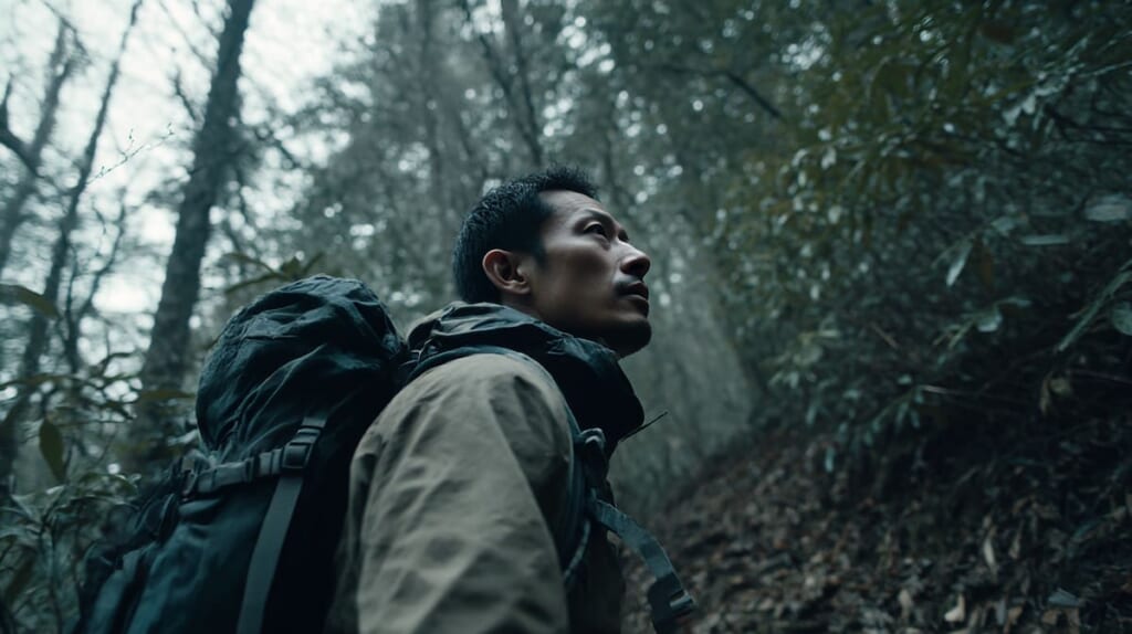 登山で多くのエネルギーを消費する40代男性ハイカーのリアルな様子