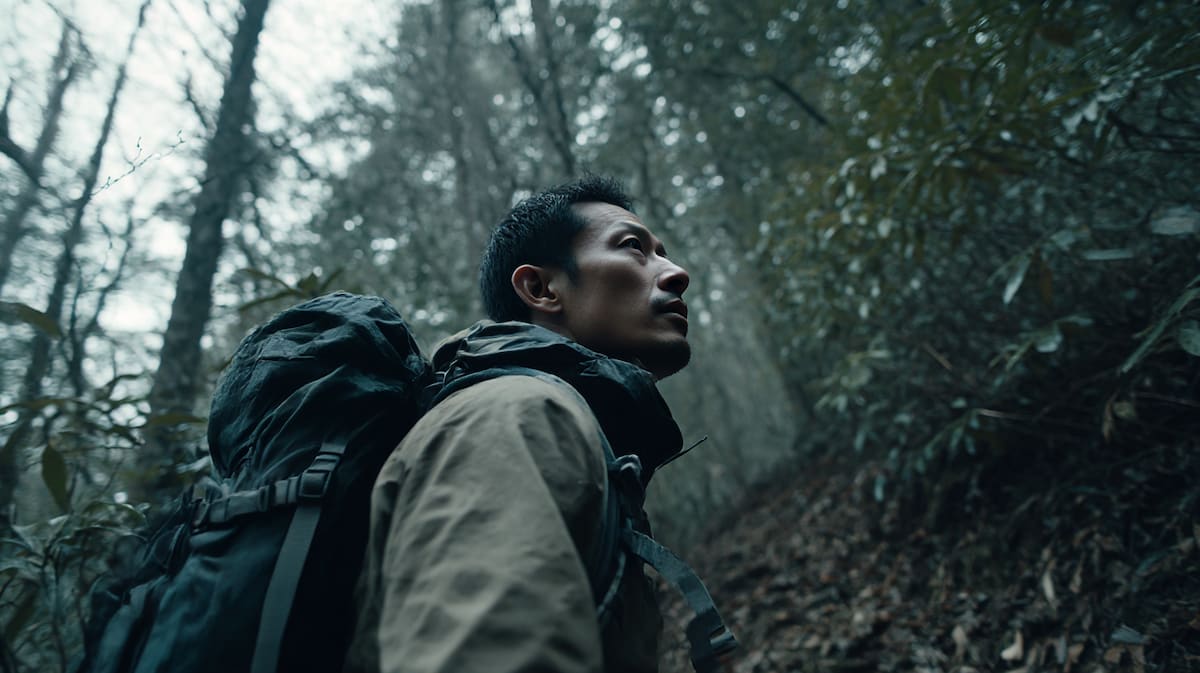 登山で多くのエネルギーを消費する40代男性ハイカーのリアルな様子