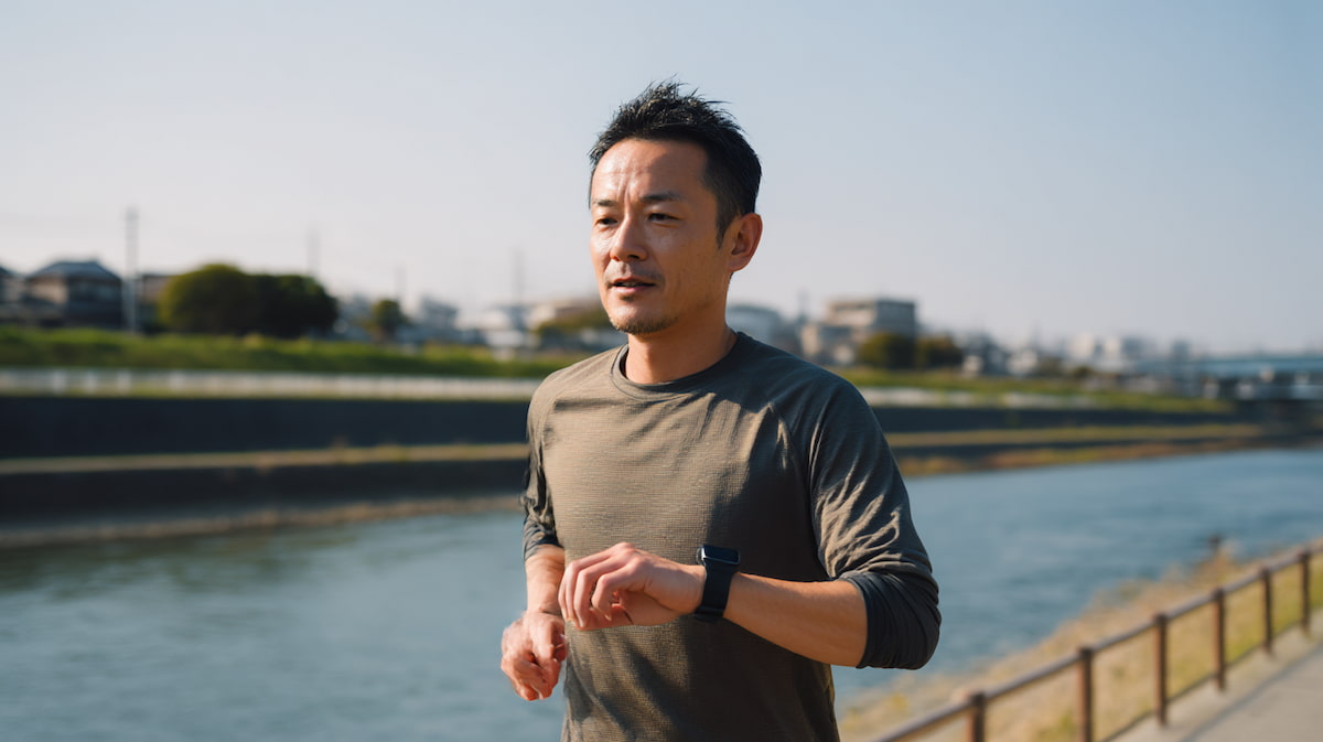 　- ランニング中にスマートウォッチの心拍数を確認する40代日本人男性の様子