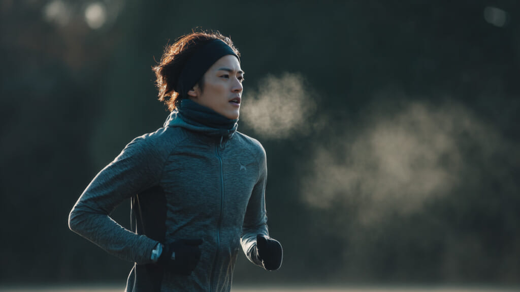 　- ランニング中の腕振りとリズムを強調した日本人男性ランナーの動作