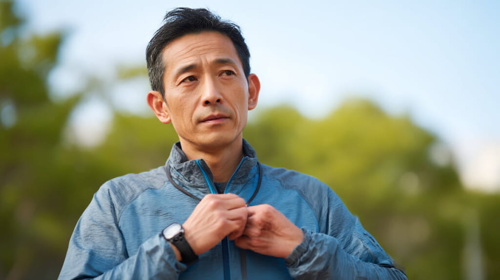 　- ランニング前に胸ベルト型心拍計を装着する日本人男性