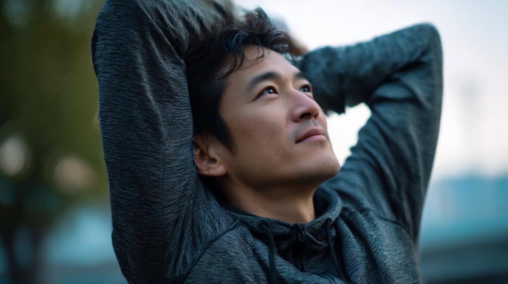 　- ランニング後にストレッチをしながら微笑む40代日本人男性