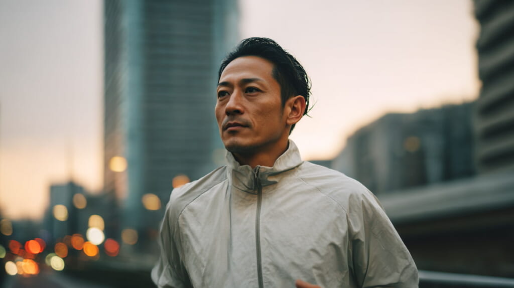 40代初心者ランナーが機能的で清潔感のある服装で走っている様子