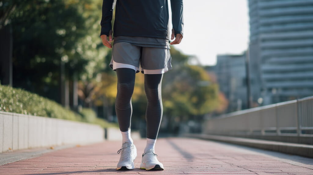 タイツとショートパンツを重ね着した男性ランナー