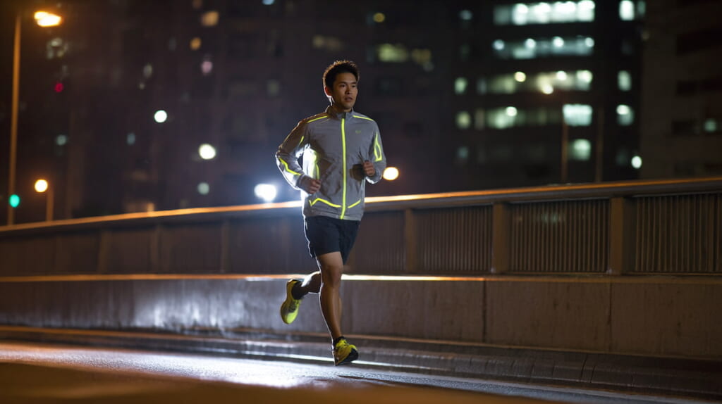 反射材を身につけて夜に走る男性ランナー