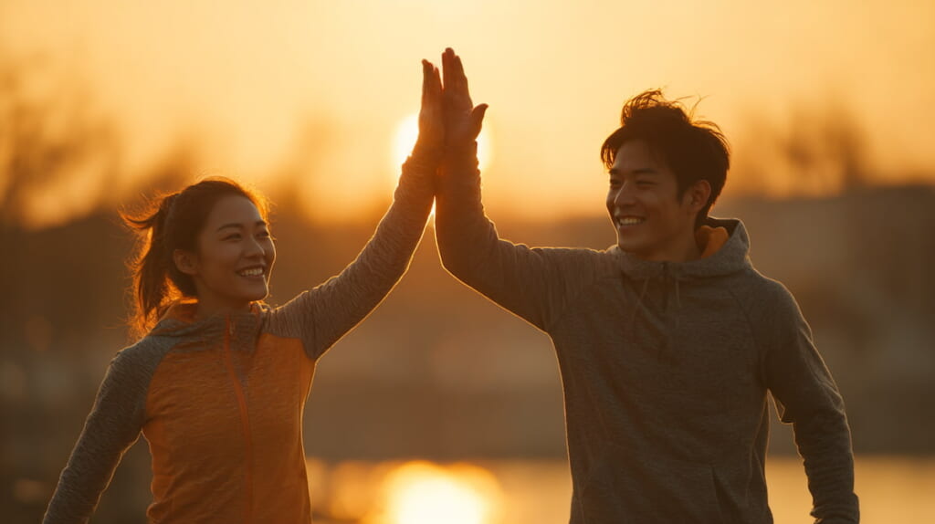 　- 15分ラン後に達成感を感じて笑顔になる40代日本人ランナー