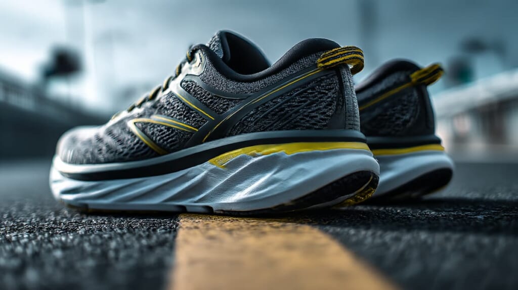 　- クッション性の高いランニングシューズのミッドソール部分のクローズアップ