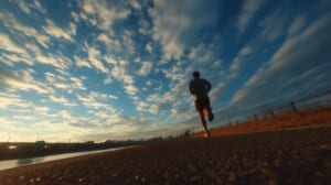 　- 朝の公園で爽やかに15分ランニングをする40代日本人男性のイメージ