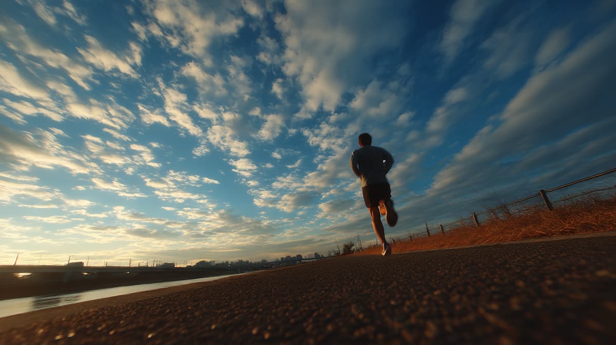 　- 朝の公園で爽やかに15分ランニングをする40代日本人男性のイメージ