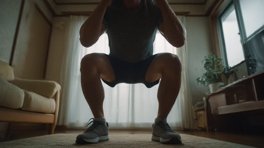 　- 自宅でスクワットを行う40代日本人男女のトレーニング風景