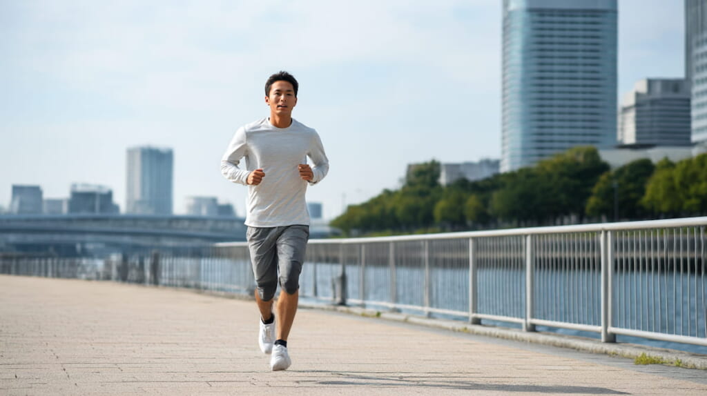 余裕を持ってランニングを行う日本人男性ランナーの姿
