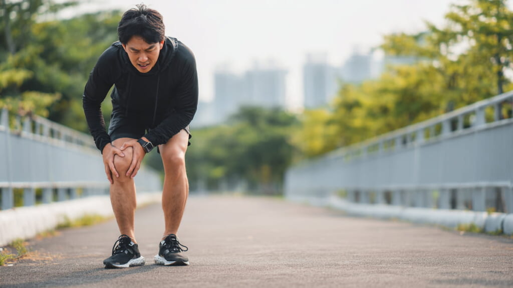 ランニング中に膝の違和感を感じる日本人男性のイメージ
