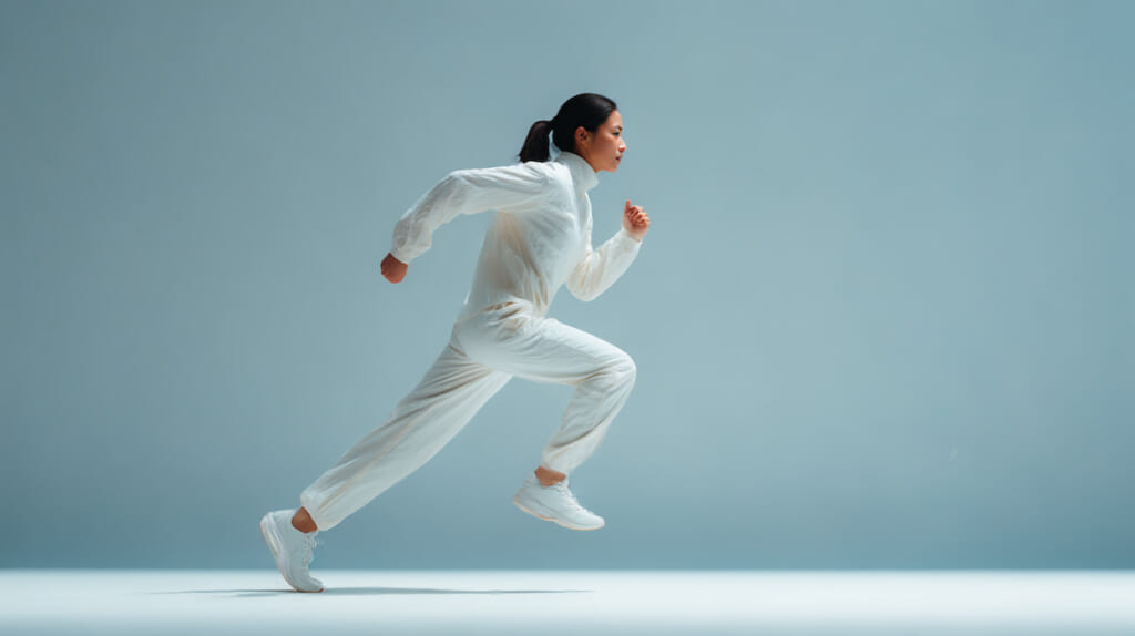 ランニングの着地動作を行う日本人女性ランナーのおしゃれなイメージ