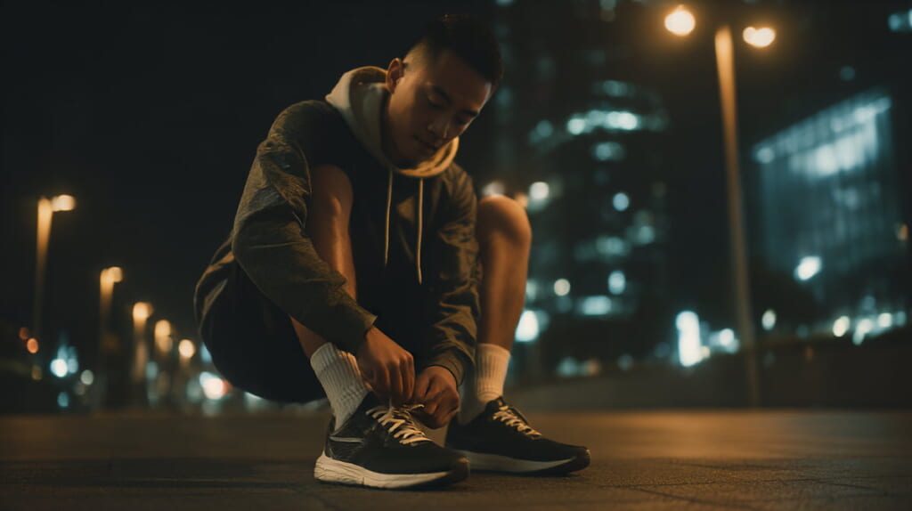仕事終わりにランニングの準備をする日本人男性のイメージ