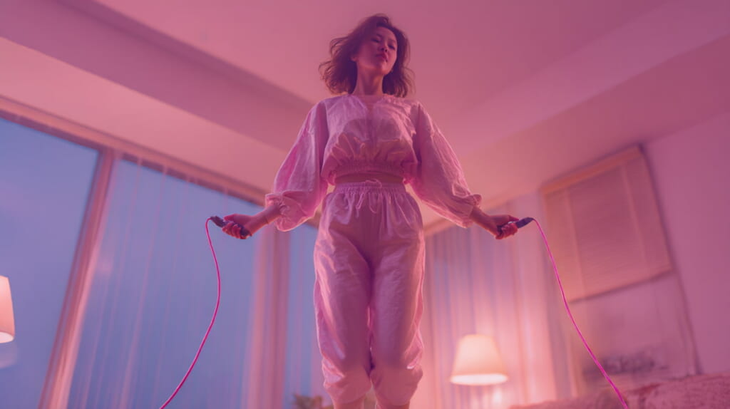 夜の室内でエア縄跳びをする日本人女性のスタイリッシュな風景