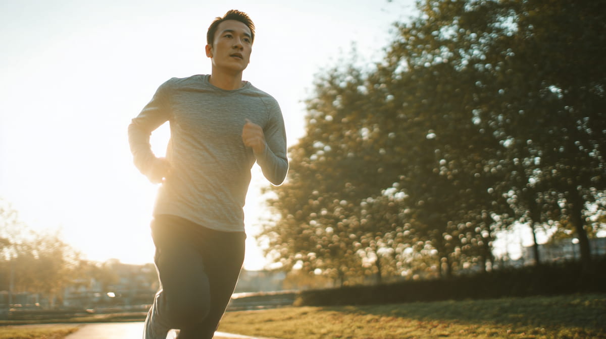 夕暮れの公園で走る40代日本人男性ランナーのダイナミックなフォーム