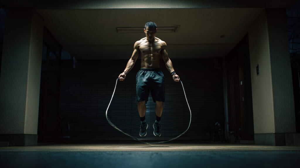 自宅前で縄跳びトレーニングをする40代日本人男性の全身ショット