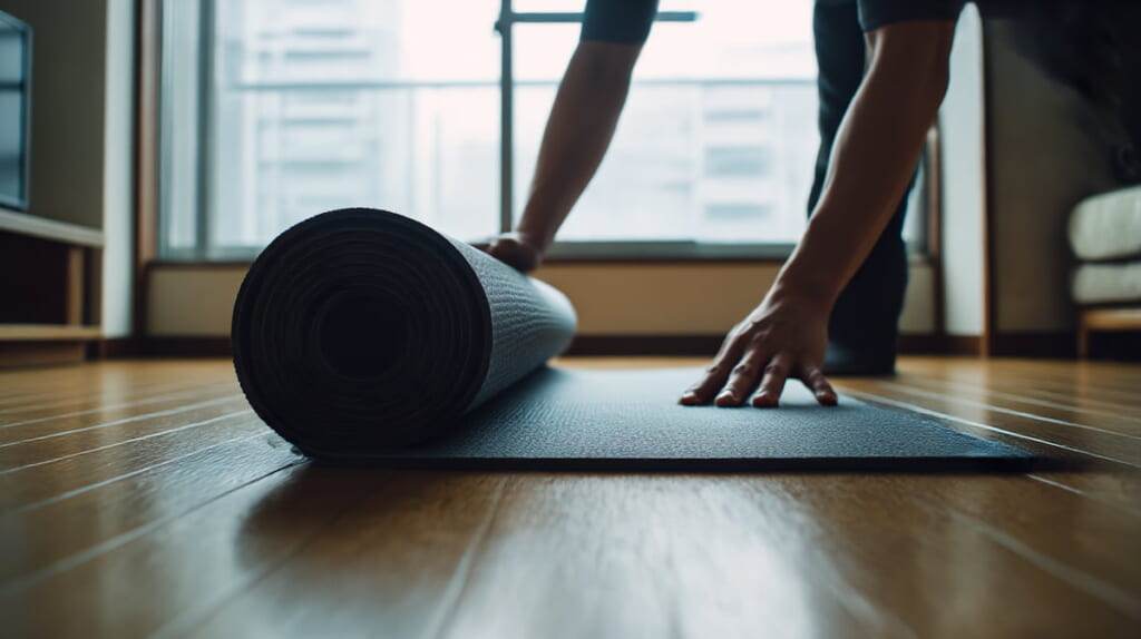 室内で防音マットを敷く日本人男性の準備風景