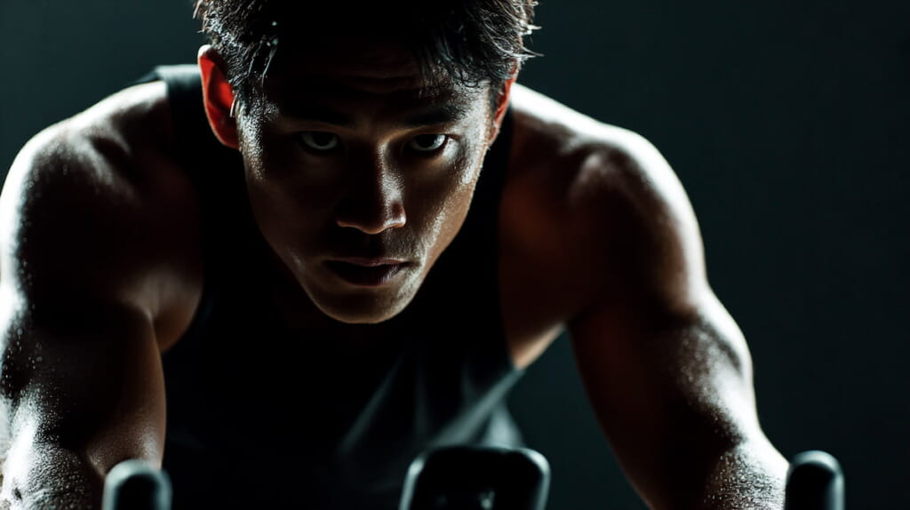 室内自転車で脚と体幹を鍛える日本人ランナー