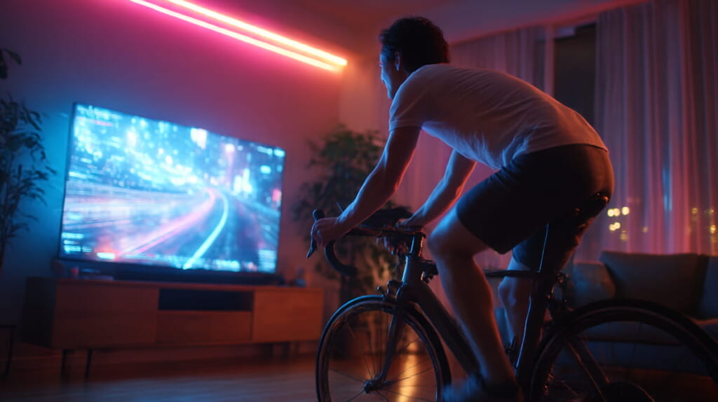 バーチャルサイクリングを楽しむ室内トレーニングの様子