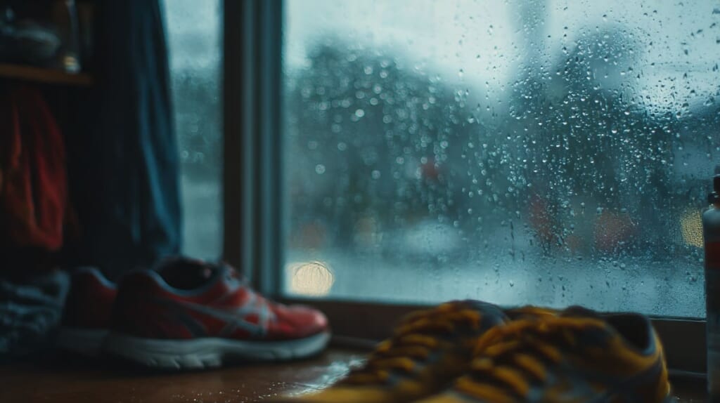 雨の日ランニング後に体調を崩して休む日本人男性