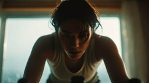 雨の日に室内自転車でトレーニングする日本人ランナーの様子