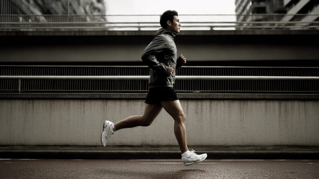 　重心の真下に着地する正しいランニングフォームを横から示す日本人ランナー