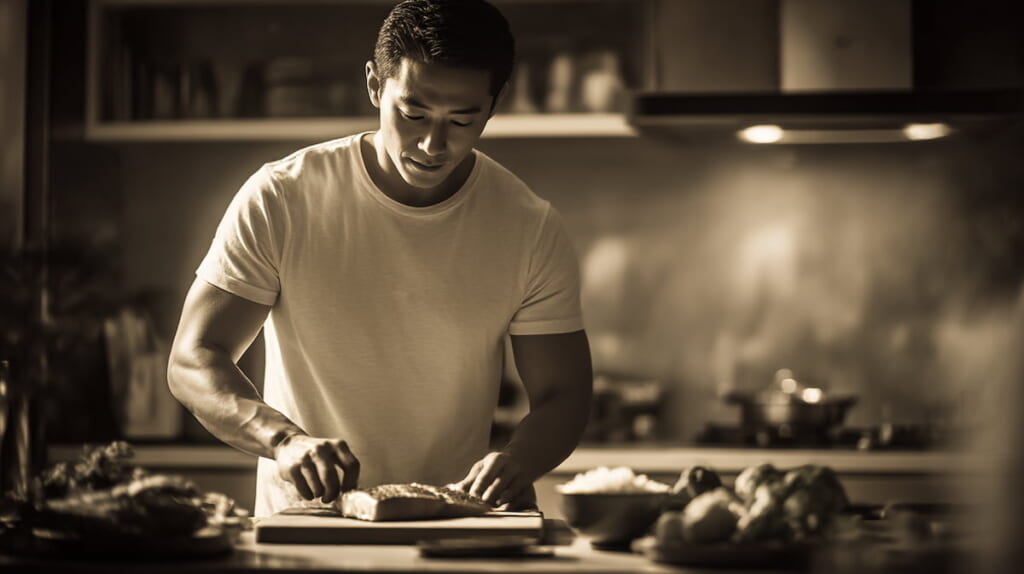 　青魚や野菜を使った抗炎症メニューを準備する日本人ランナー