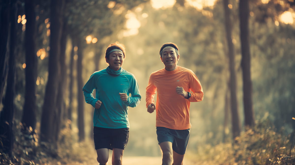 ランニングアドバイザーと40代男性ランナーが山道で並走しながらフォーム指導を行う様子