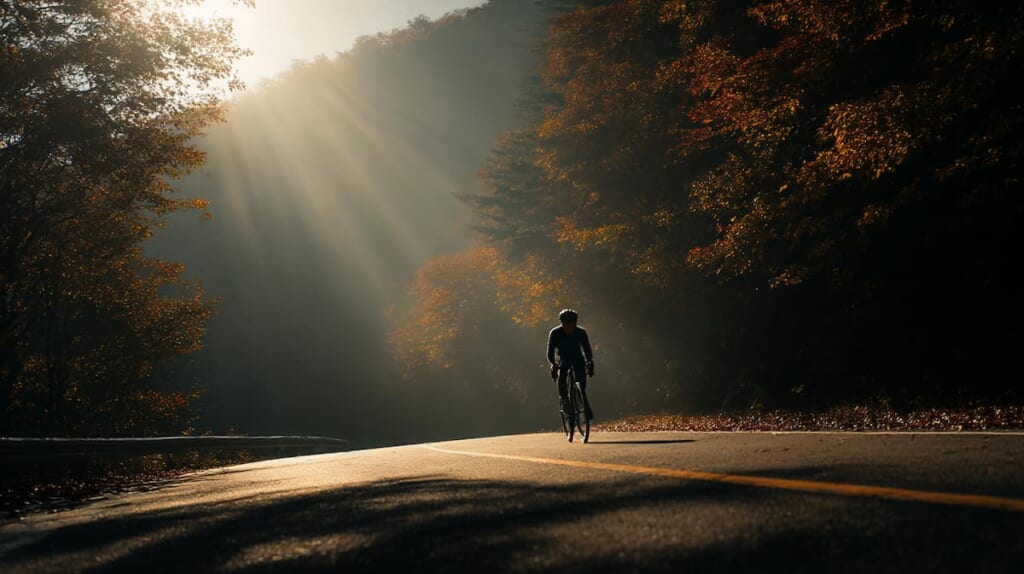　山道の登り坂をロードバイクで走る日本人サイクリスト