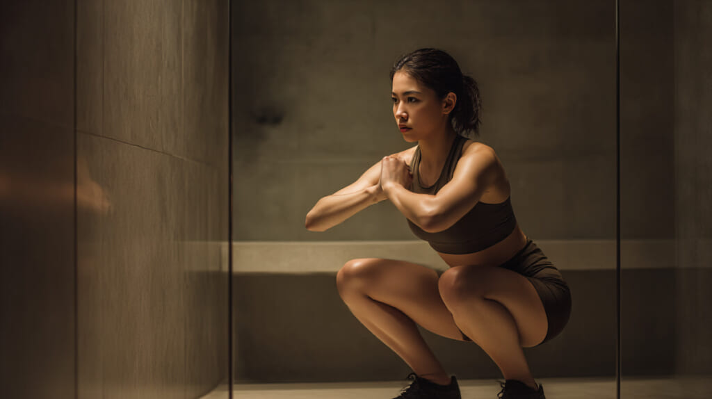 　鏡の前でスクワットを行い膝の向きを確認する日本人ランナー