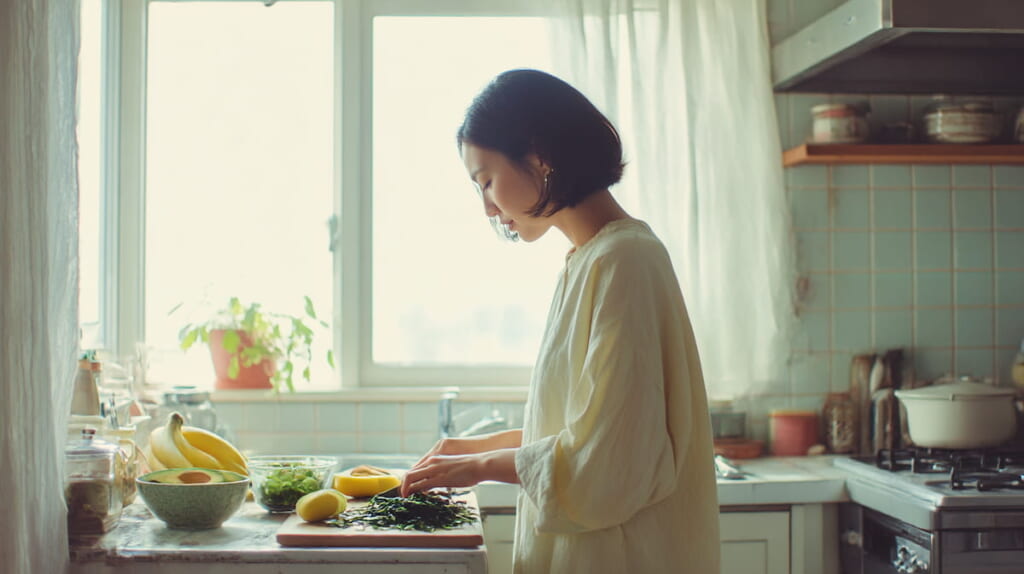 バナナやアボカドを使ったカリウム豊富な食事を用意する日本人女性