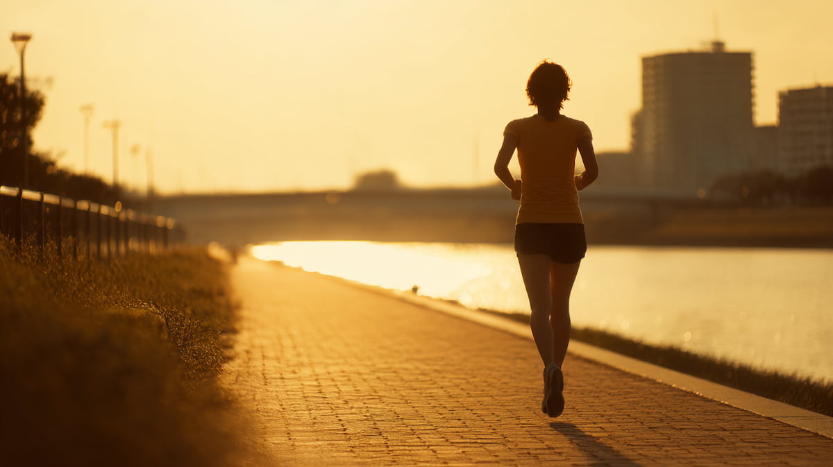 40代日本人女性が川沿いでランニングする姿と引き締まった脚のライン