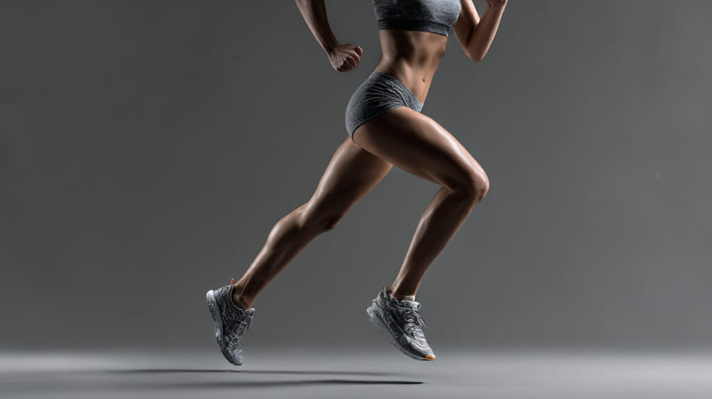 日本人女性ランナーのふくらはぎ筋肉を強調したクローズアップ