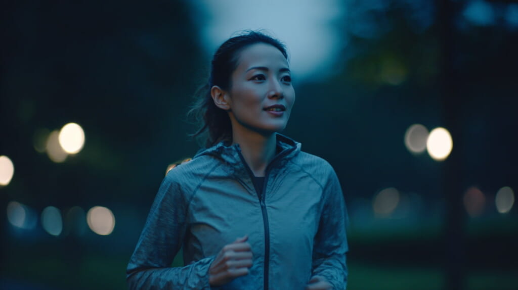 　朝の空腹状態で軽くジョギングする日本人女性ランナー